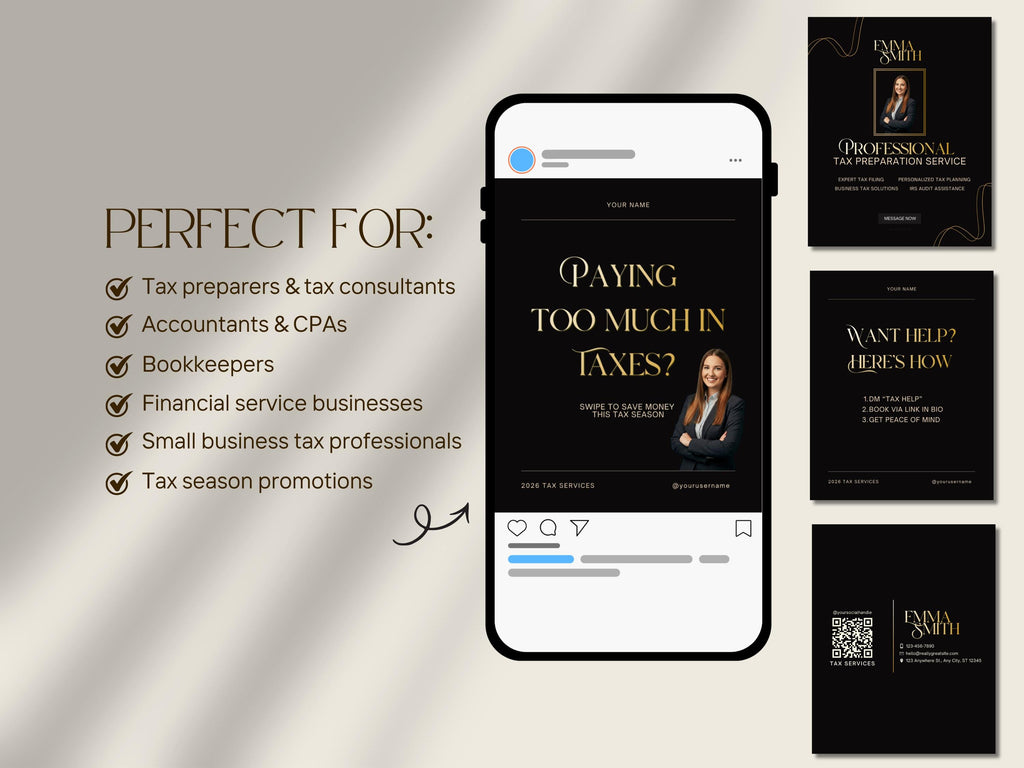 2026 Elegant Tax Season Preparation Flyer Bundle, Instagram Branding Editable Template Social Media Pack