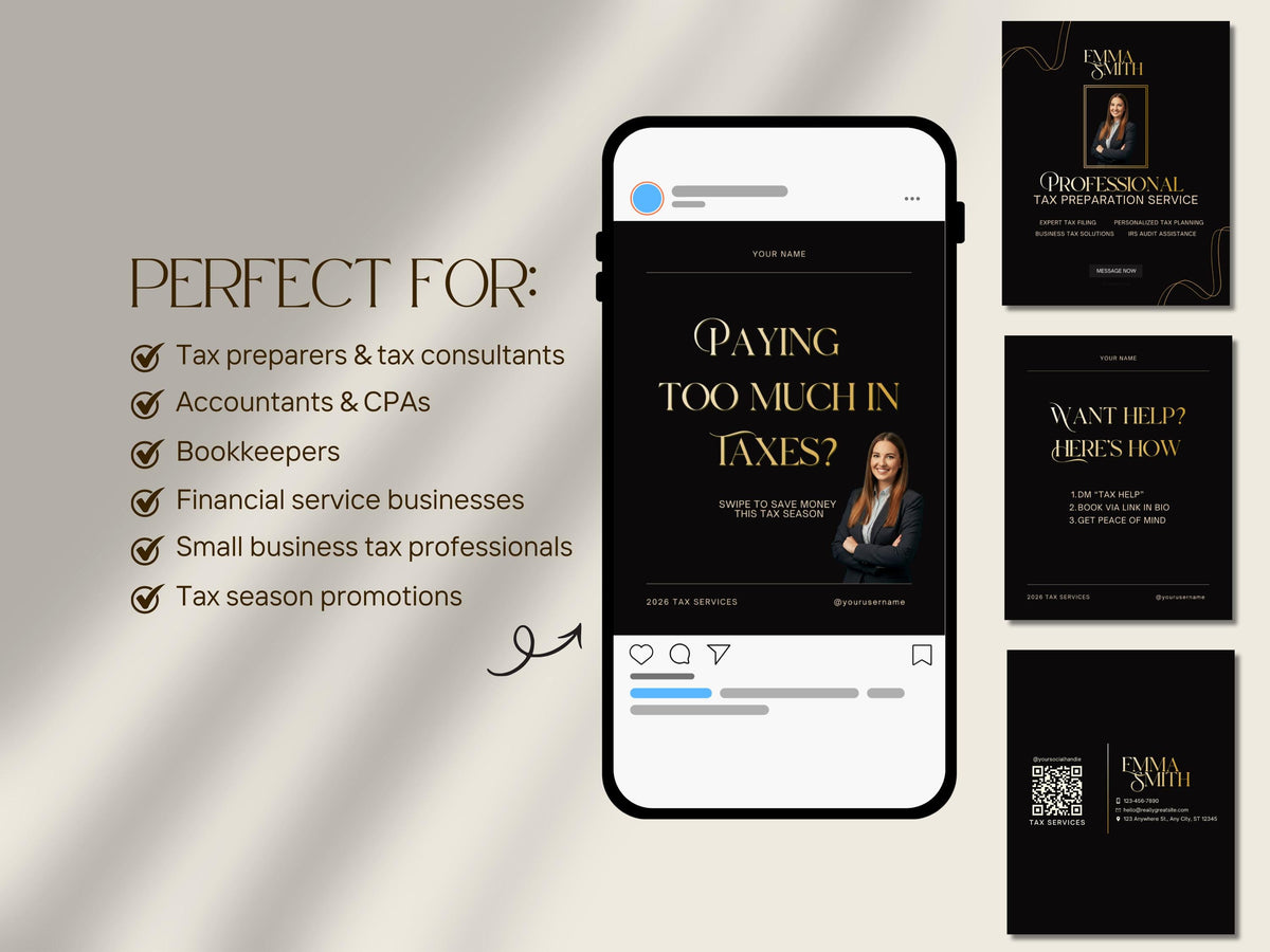 2026 Elegant Tax Season Preparation Flyer Bundle, Instagram Branding Editable Template Social Media Pack