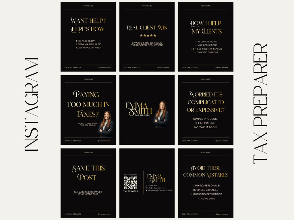 2026 Elegant Tax Season Preparation Flyer Bundle, Instagram Branding Editable Template Social Media Pack