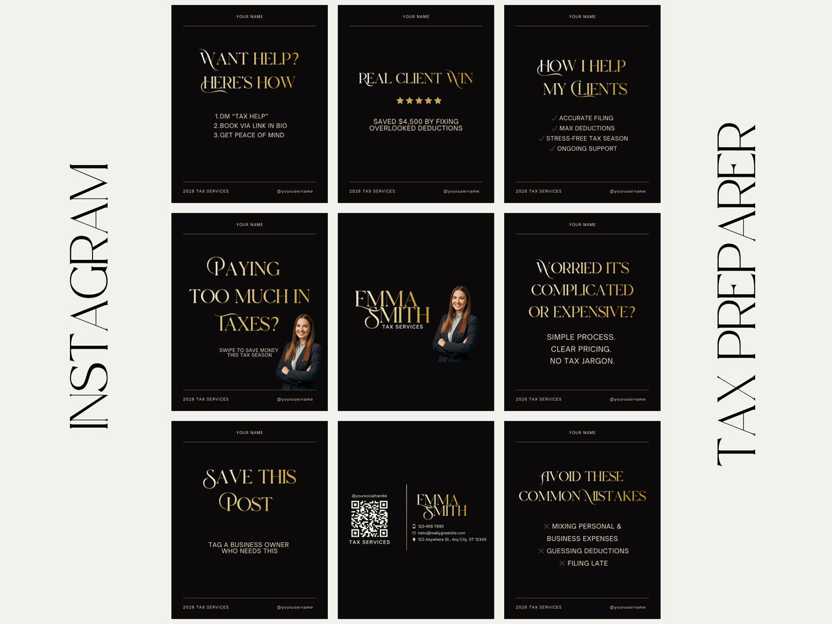 2026 Elegant Tax Season Preparation Flyer Bundle, Instagram Branding Editable Template Social Media Pack