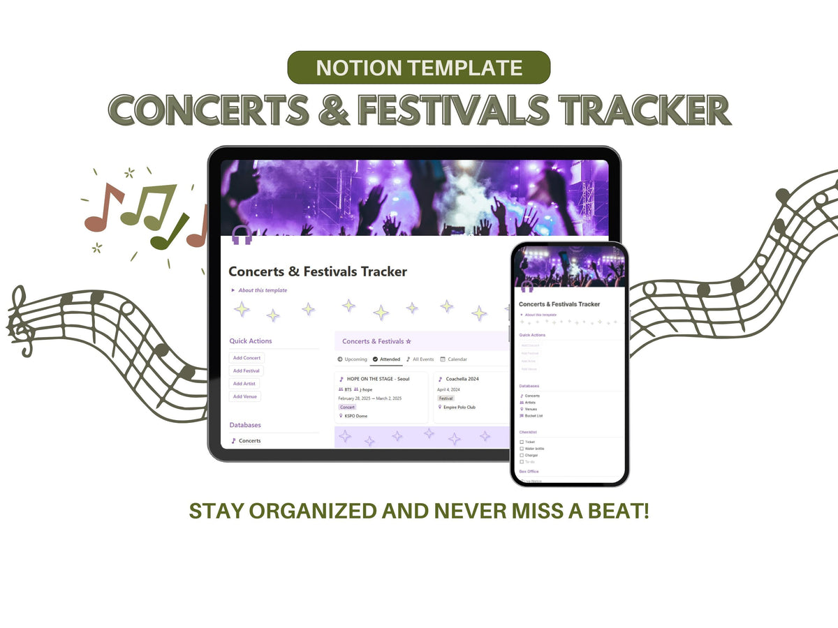 Notion Concert Tracker Template, Music Festival Planning Template, Notion Kpop Planner, Notion Concert Template, Minimalist Notion Template