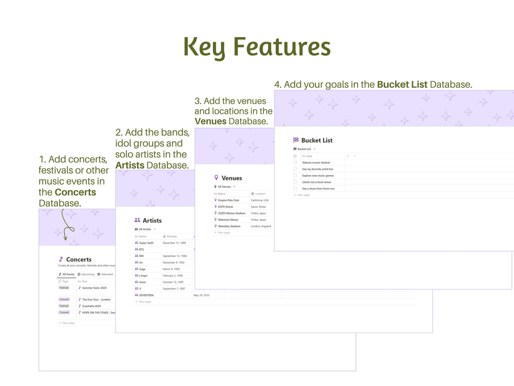 Notion Concert Tracker Template, Music Festival Planning Template, Notion Kpop Planner, Notion Concert Template, Minimalist Notion Template
