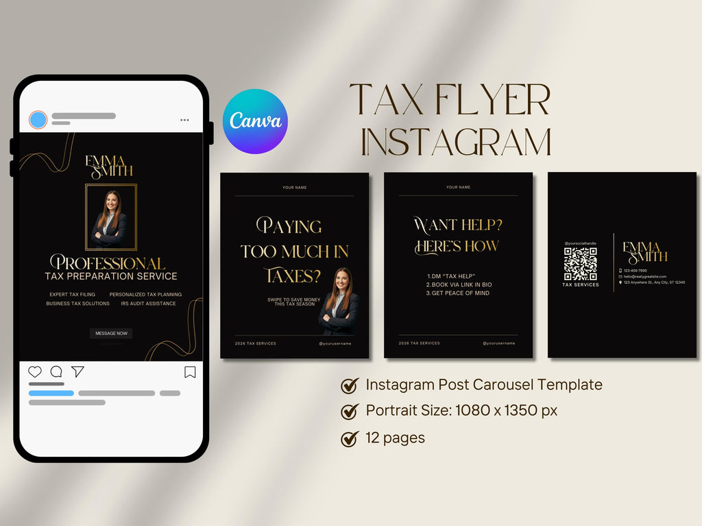2026 Elegant Tax Season Preparation Flyer Bundle, Instagram Branding Editable Template Social Media Pack