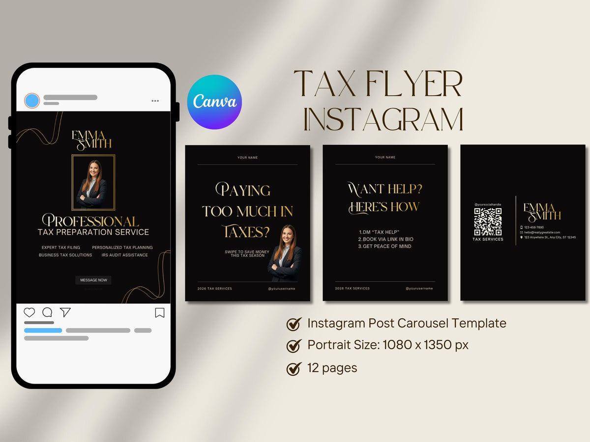2026 Elegant Tax Season Preparation Flyer Bundle, Instagram Branding Editable Template Social Media Pack