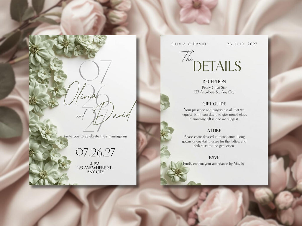 Sage Green Elegant Wedding Invitation Template – Luxury Floral Canva Invite | Minimal Modern Wedding Invitation | Printable & Digital