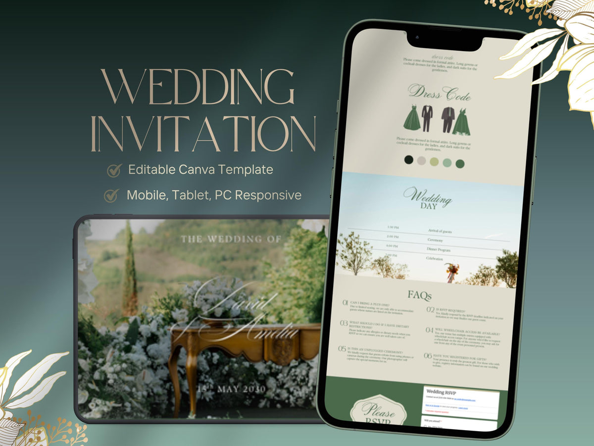 Sage Green Wedding Website Template, Modern Minimalist Design (Canva Editable, RSVP Template, Digital Download)