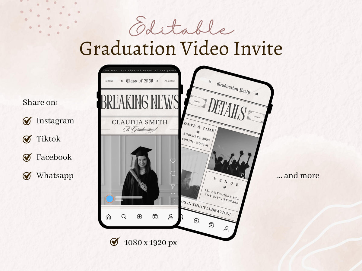 Graduation Mobile Video Template | Animated Grad Announcement Canva | Editable Graduation News Video | Instant Download MP4 Vertical