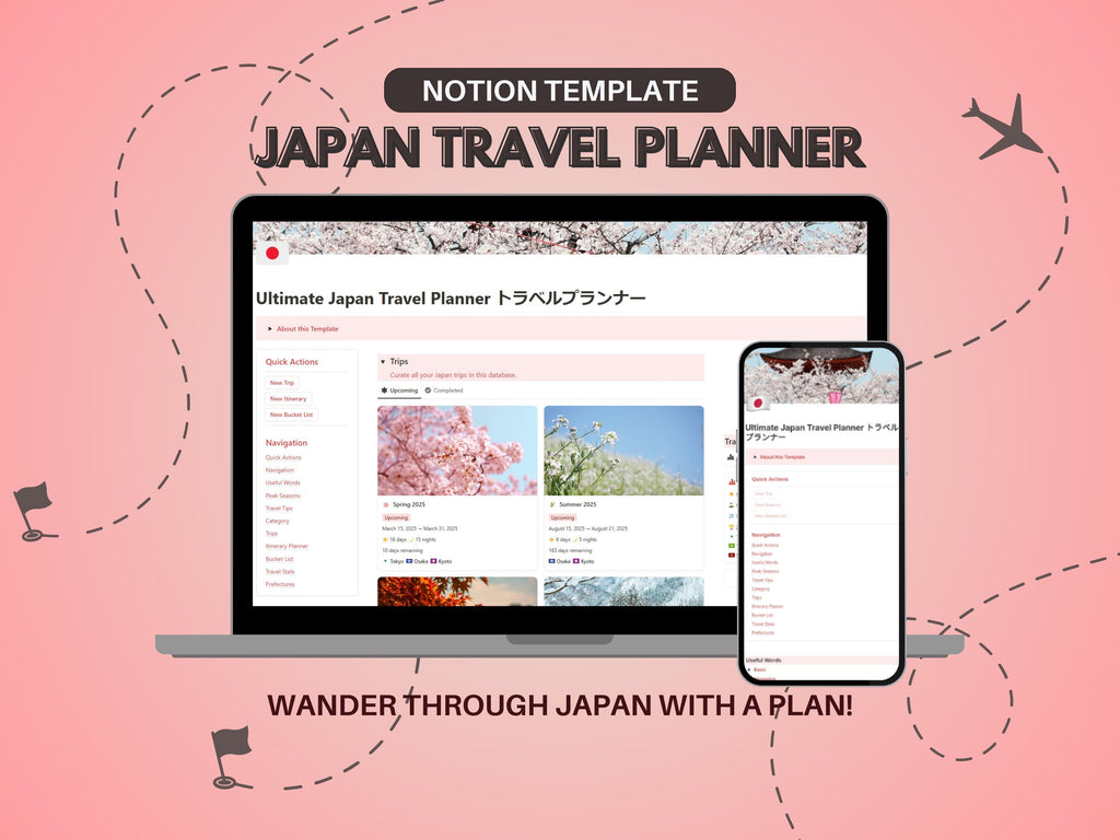 Japan Travel Planner, Japan Travel Template, Travel Itinerary, Notion Template, Notion Life Planner, Aesthetic Notion Planner, Japan