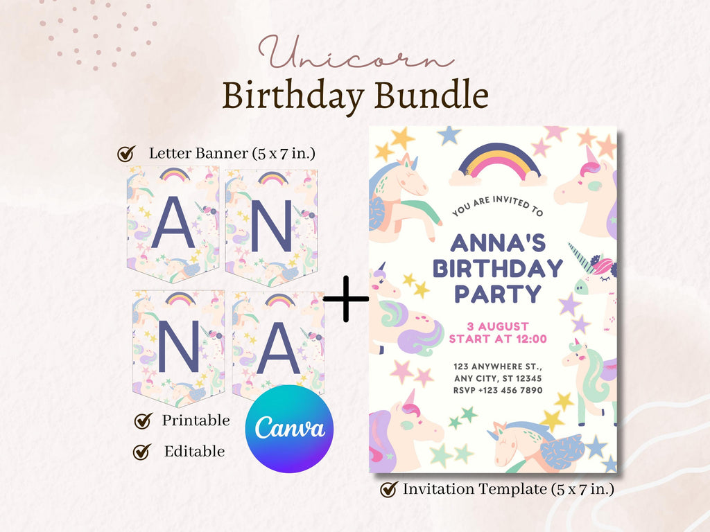 Unicorn Birthday Invitation with Letter Banner Set, Rainbow Party Magical Invitation, Editable Canva Template