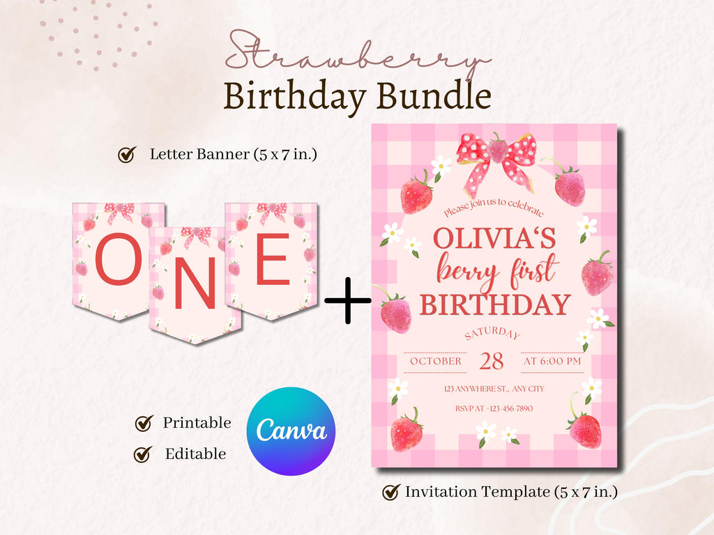 Berry First Birthday Invitation, Strawberry Bow Coquette Girl Theme, Editable Canva (5x7 inch)