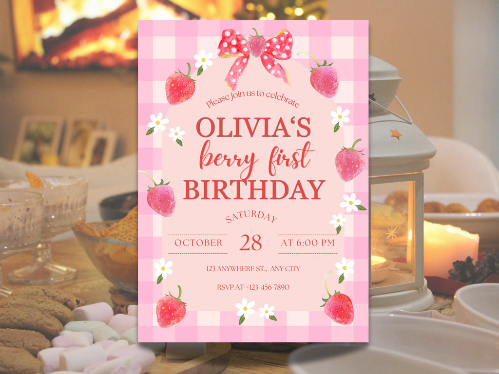 Berry First Birthday Invitation, Strawberry Bow Coquette Girl Theme, Editable Canva (5x7 inch)