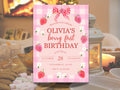 Berry First Birthday Invitation, Strawberry Bow Coquette Girl Theme, Editable Canva (5x7 inch)