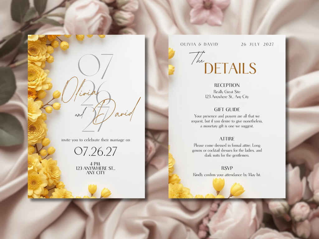 Yellow Wedding Invitation Template – Luxury Floral Canva Invite | Minimal Modern Wedding Invitation | Printable & Digital Download