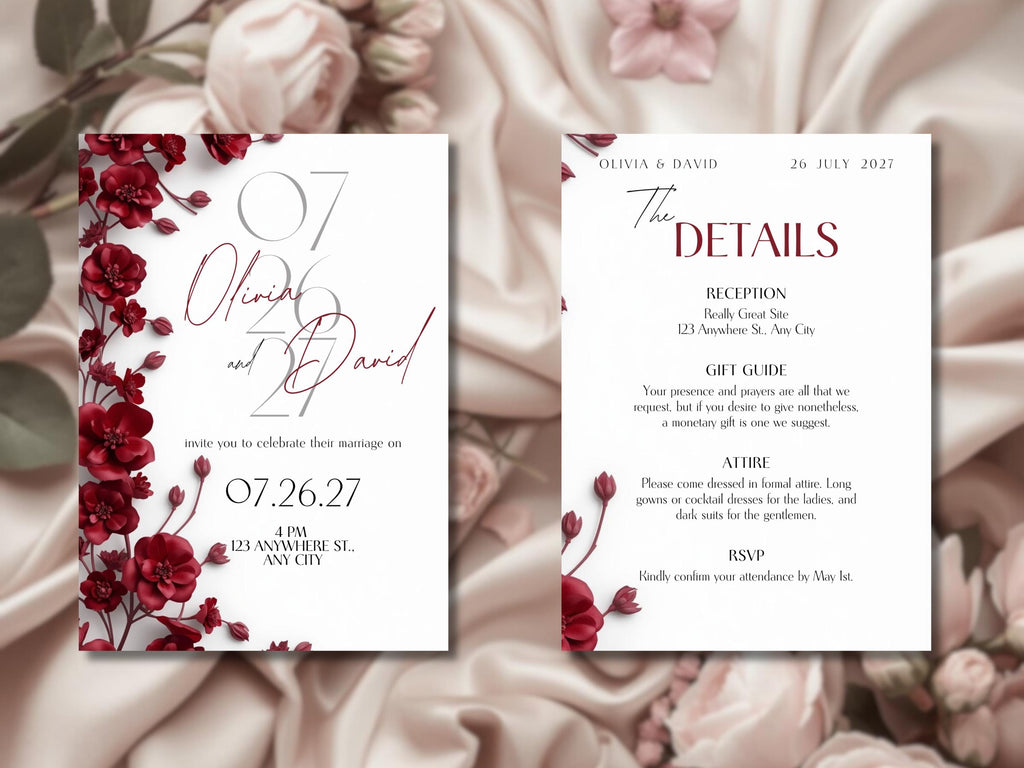 Burgundy Elegant Wedding Invitation Template – Luxury Floral Canva Invite | Minimal Modern Wedding Invitation | Printable & Digital Download