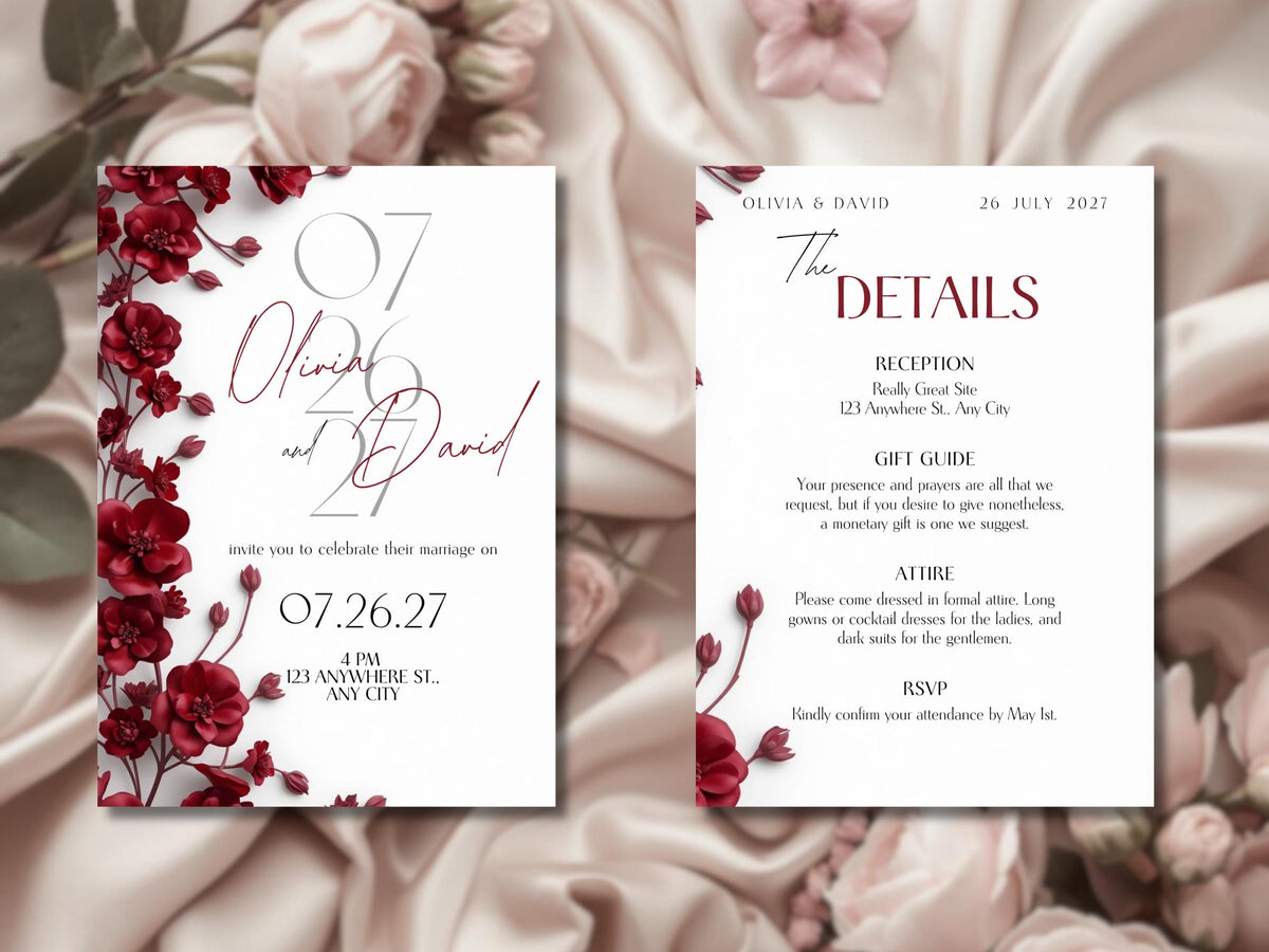 Burgundy Elegant Wedding Invitation Template – Luxury Floral Canva Invite | Minimal Modern Wedding Invitation | Printable & Digital Download