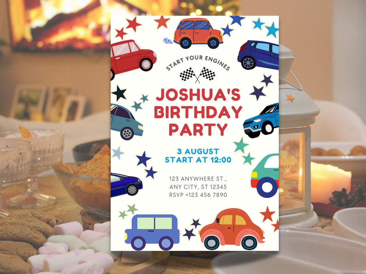 Cars Birthday Invitation Editable Canva, Race Car Birthday Party Invite, Printable Kids Party Invite