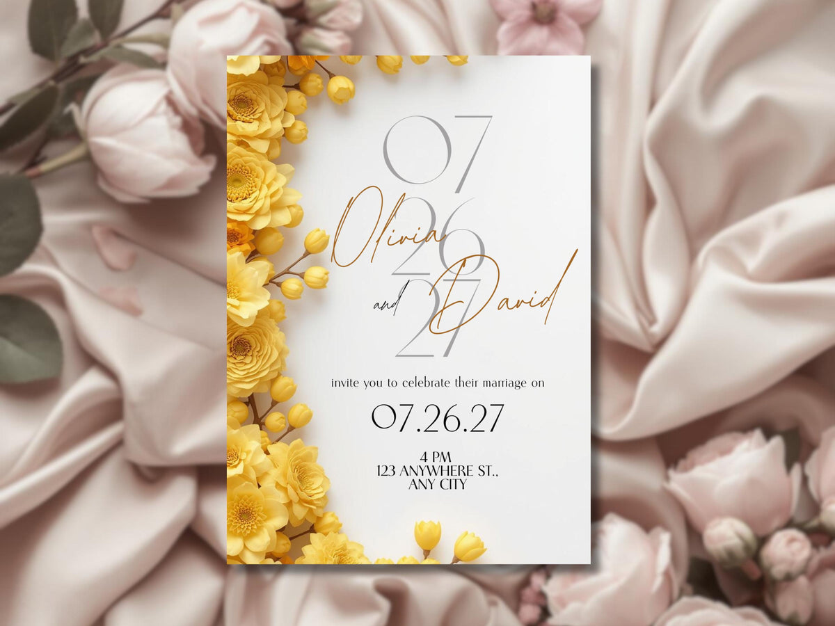 Yellow Wedding Invitation Template – Luxury Floral Canva Invite | Minimal Modern Wedding Invitation | Printable & Digital Download