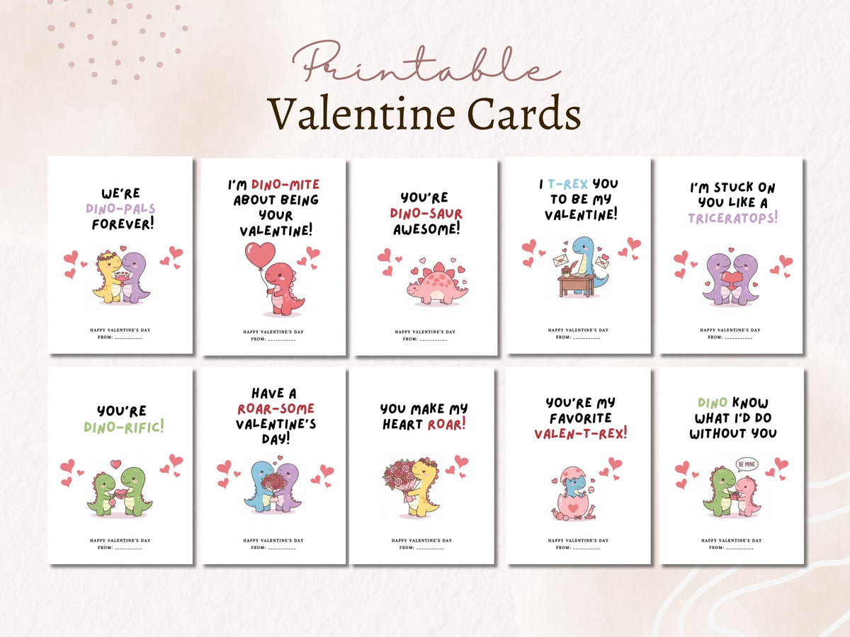 Dinosaur Valentine Cards for Kids, Printable Dino Valentines, Cute Dinosaur Valentine Cards, Classroom Valentine Exchange, Kids Valentine