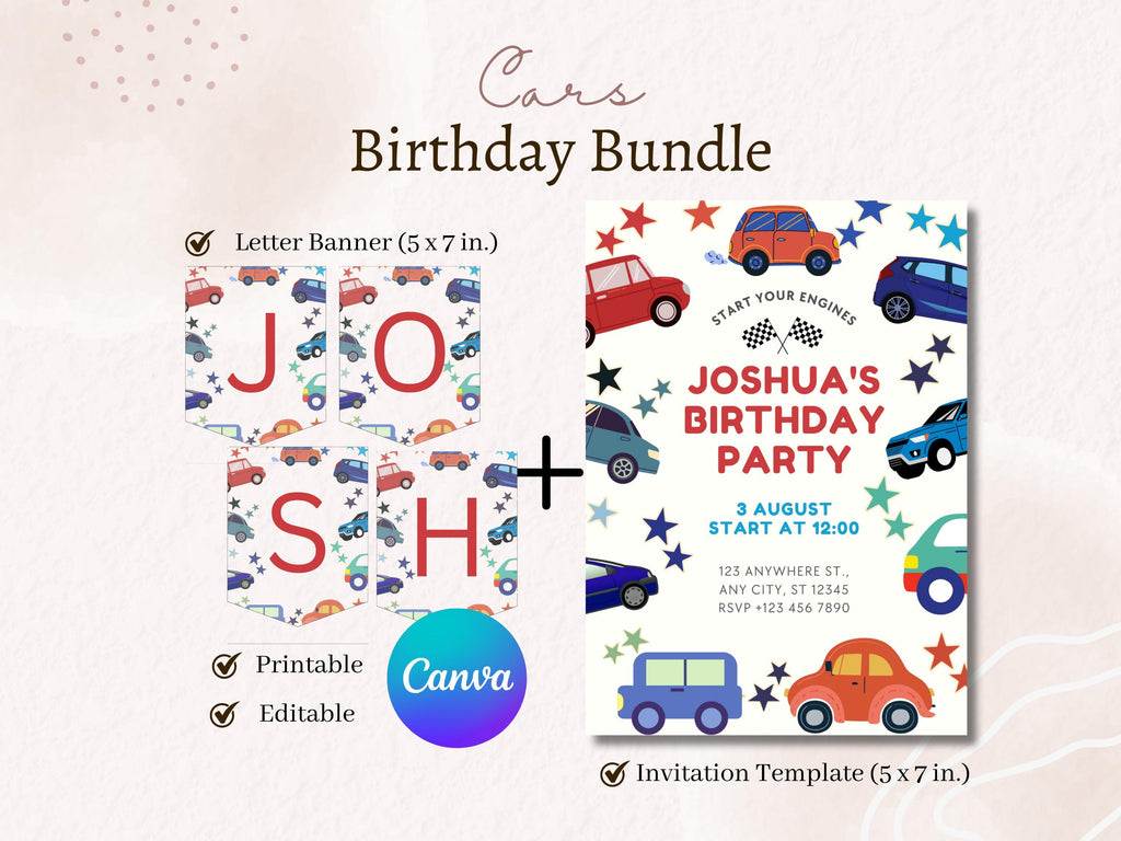 Cars Birthday Invitation Editable Canva, Race Car Birthday Party Invite, Printable Kids Party Invite