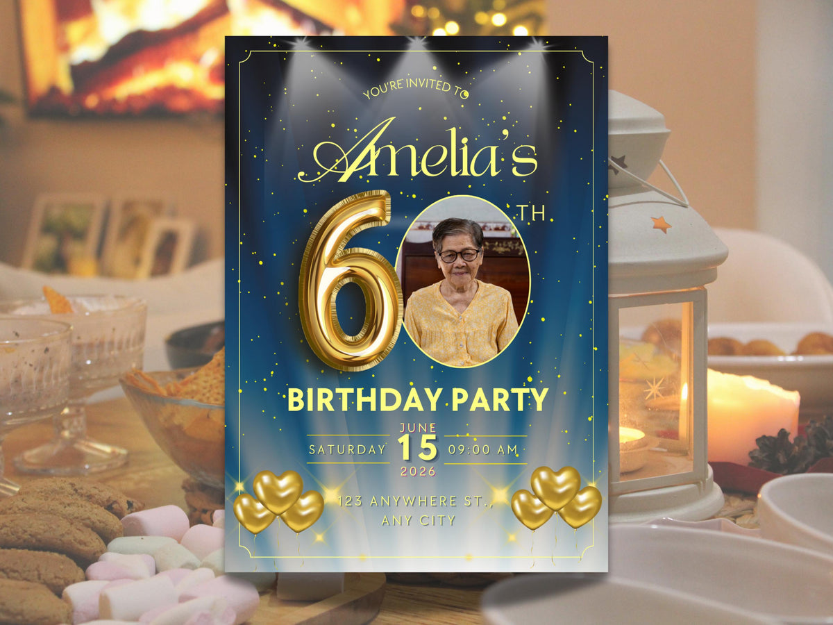 60th Birthday Invitation Template | Editable 60th Birthday Party Invite | Elegant Milestone Birthday | Printable & Digital | Canva Template