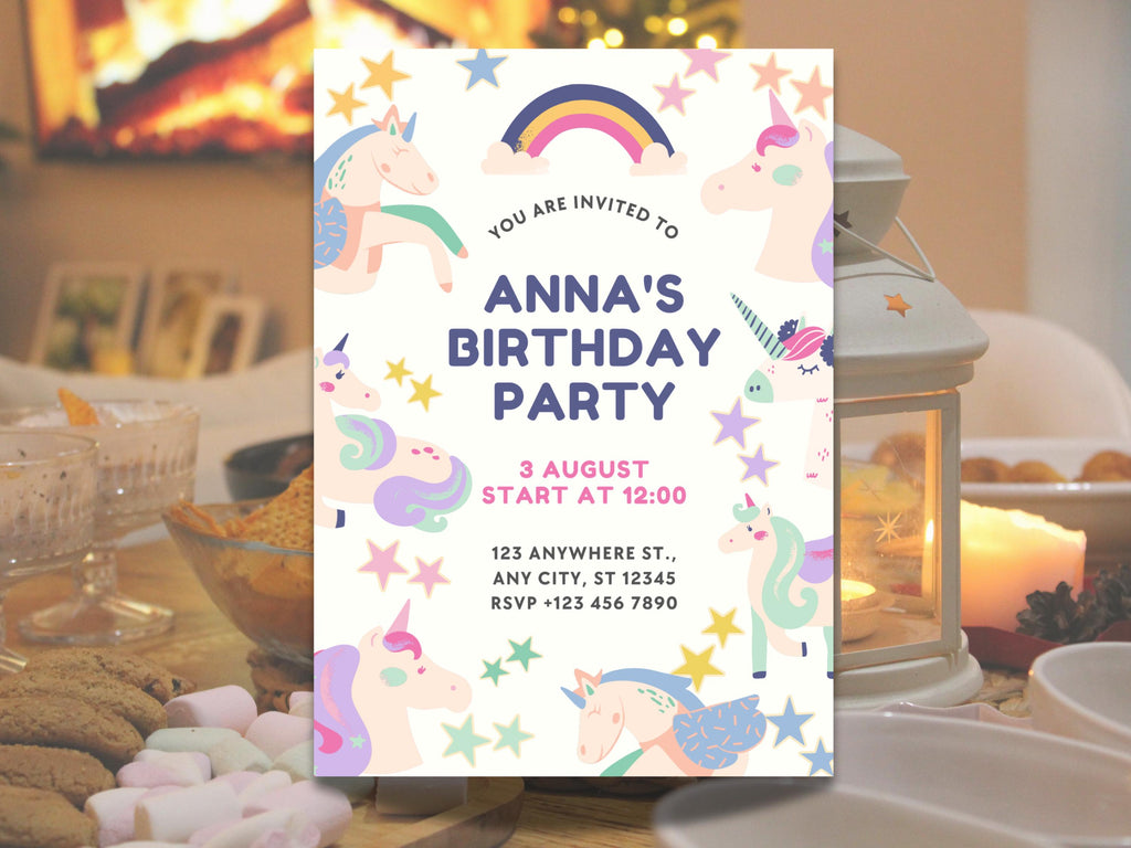 Unicorn Birthday Invitation with Letter Banner Set, Rainbow Party Magical Invitation, Editable Canva Template