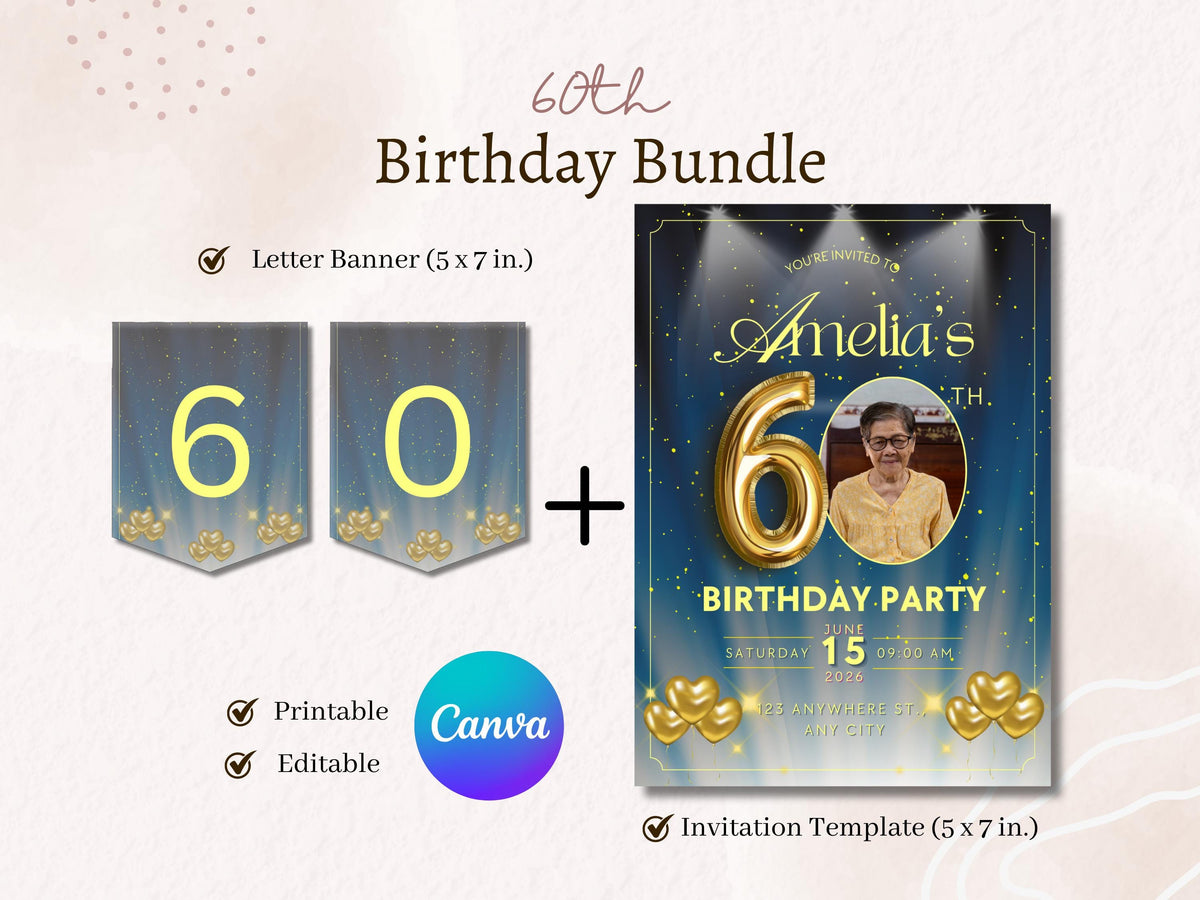 60th Birthday Invitation Template | Editable 60th Birthday Party Invite | Elegant Milestone Birthday | Printable & Digital | Canva Template