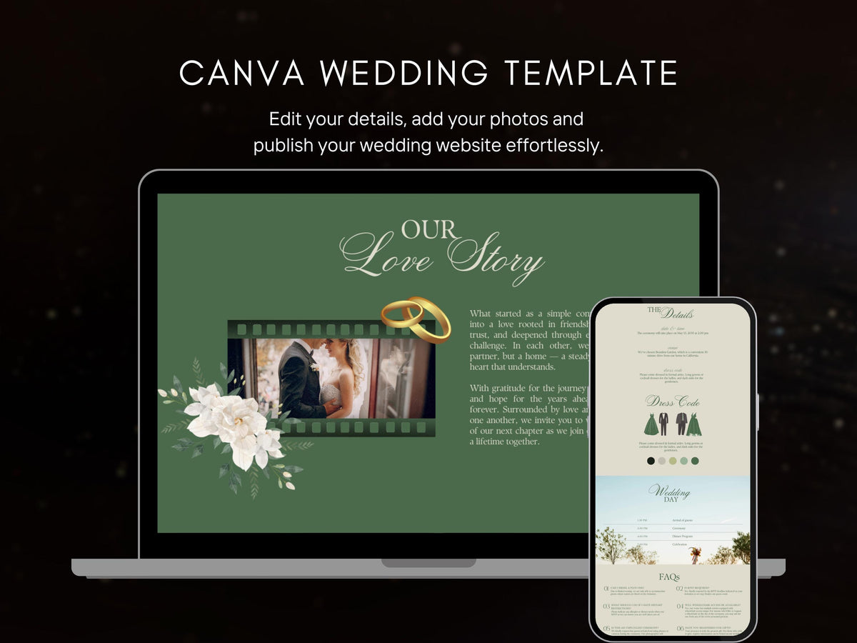 Sage Green Wedding Website Template, Modern Minimalist Design (Canva Editable, RSVP Template, Digital Download)