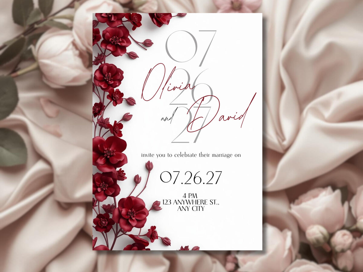 Burgundy Elegant Wedding Invitation Template – Luxury Floral Canva Invite | Minimal Modern Wedding Invitation | Printable & Digital Download