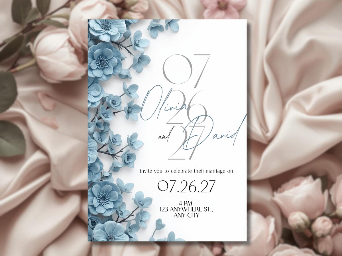 Blue Elegant Wedding Invitation Template – Luxury Floral Canva Invite | Minimal Modern Wedding Invitation | Printable & Digital Download