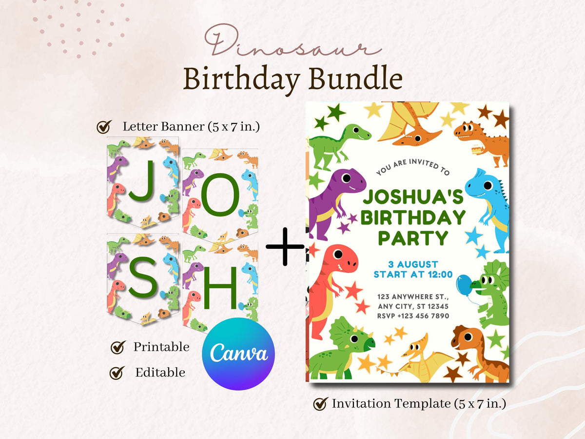 Dinosaur Birthday Invitation Template, Editable Party Invite, Dino Birthday Invitation, Printable & Digital Canva Template