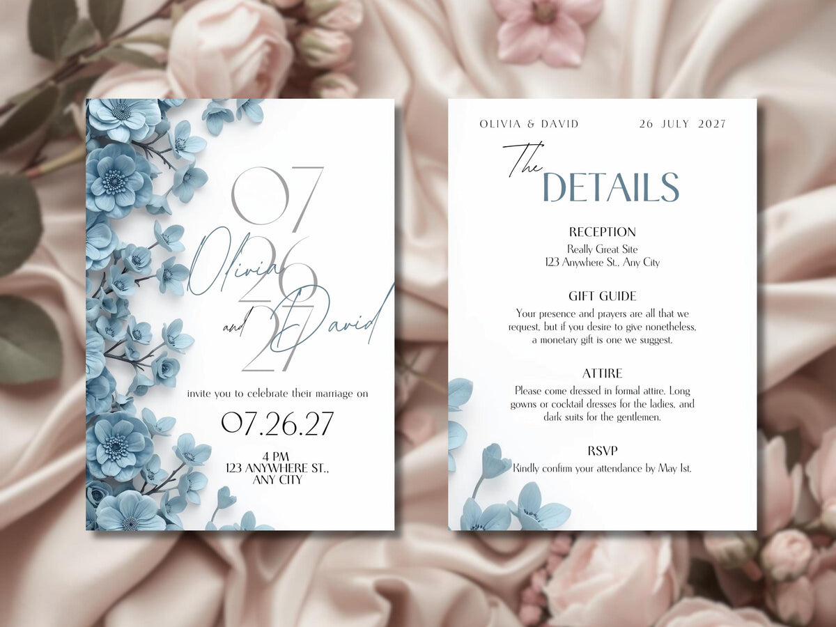 Blue Elegant Wedding Invitation Template – Luxury Floral Canva Invite | Minimal Modern Wedding Invitation | Printable & Digital Download