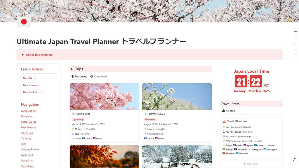 Japan Travel Planner, Japan Travel Template, Travel Itinerary, Notion Template, Notion Life Planner, Aesthetic Notion Planner, Japan