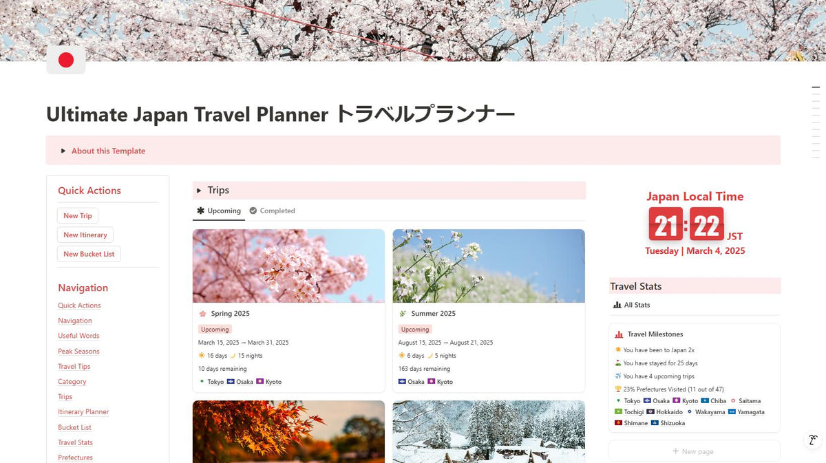 Japan Travel Planner, Japan Travel Template, Travel Itinerary, Notion Template, Notion Life Planner, Aesthetic Notion Planner, Japan