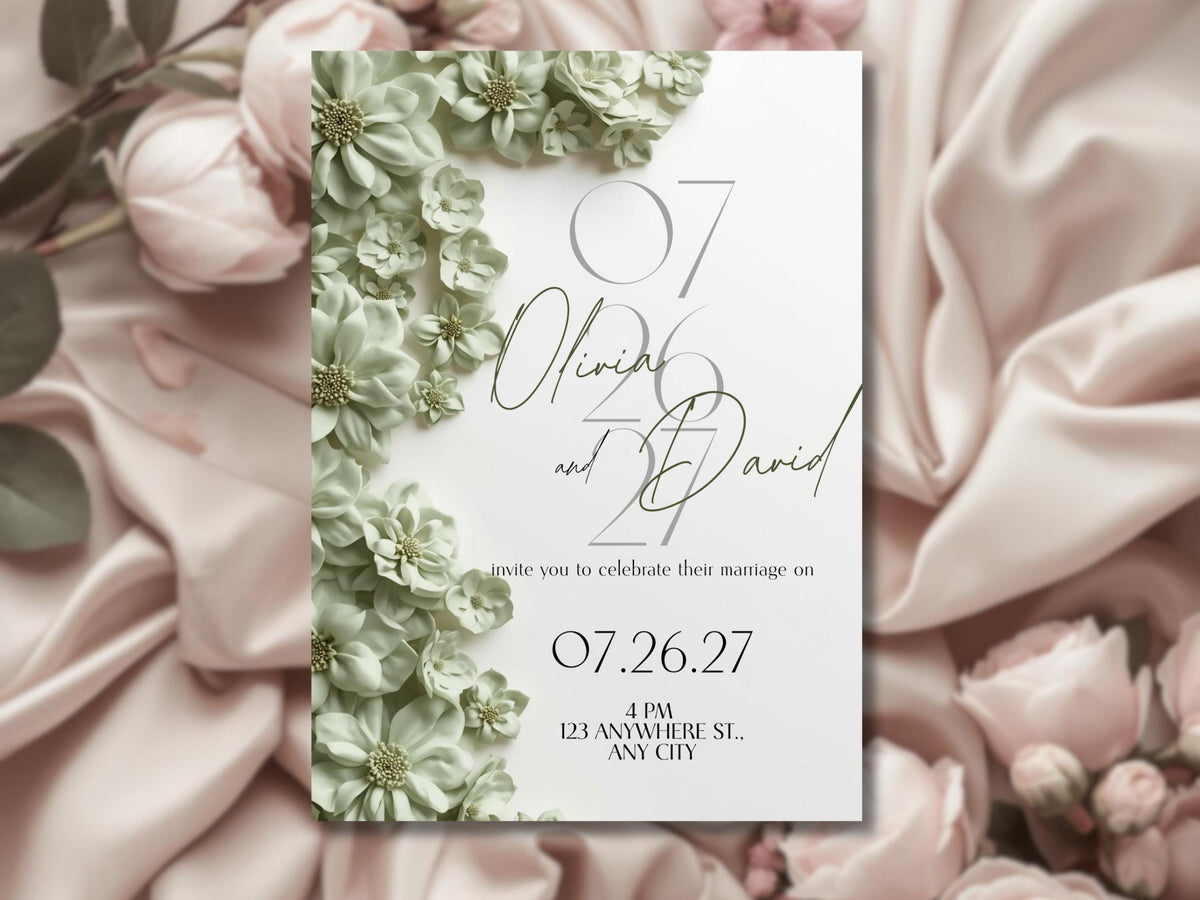 Sage Green Elegant Wedding Invitation Template – Luxury Floral Canva Invite | Minimal Modern Wedding Invitation | Printable & Digital