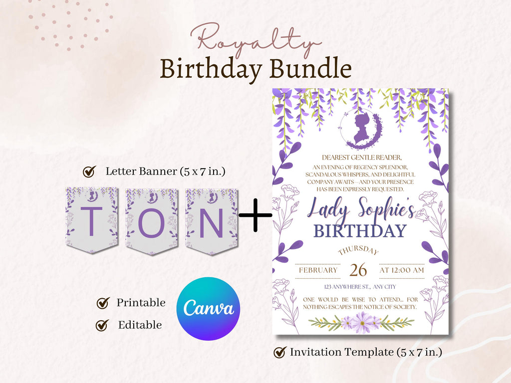 Classic Party Invitation Template | Lady Royalty Style Invite | Regency Tea Party, Bridal Shower, Birthday, Digital Download