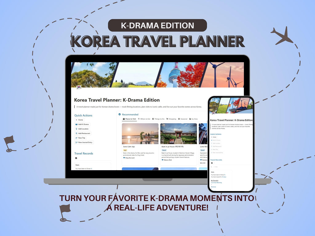 Kdrama Travel Planner, Korea Travel Template, Travel Itinerary, Notion Template, Notion Life Planner, Korean Drama Tracker