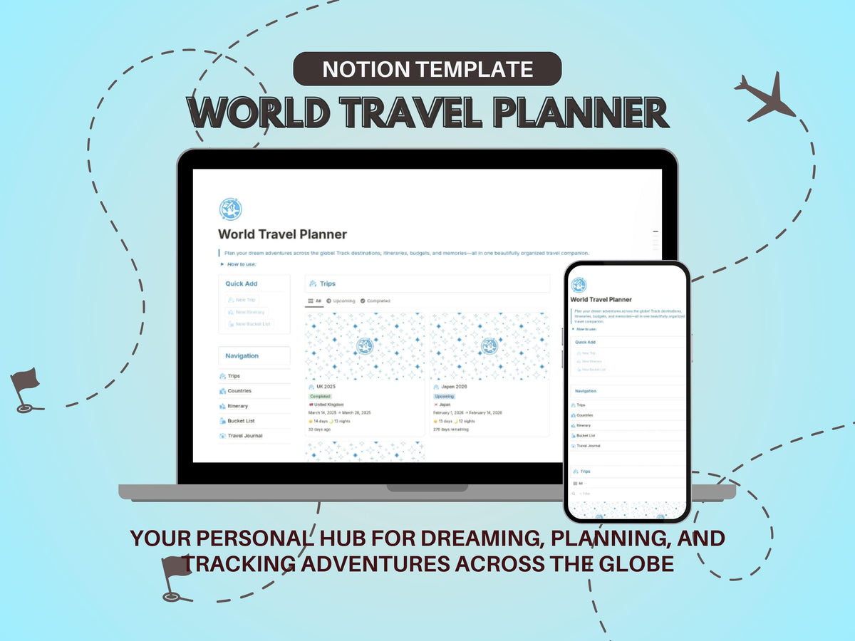 World Travel Planner, World Travel Template, Travel Itinerary, Notion Template, Notion Life Planner, DIY Travel Planner