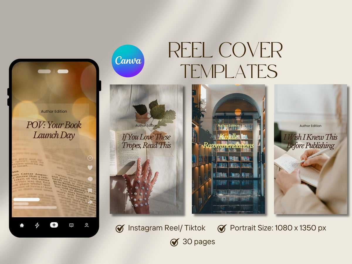 Reel Cover Templates for Intagram & Tiktok, Author Reel Covers, Booktok and Bookstagram Canva Templates