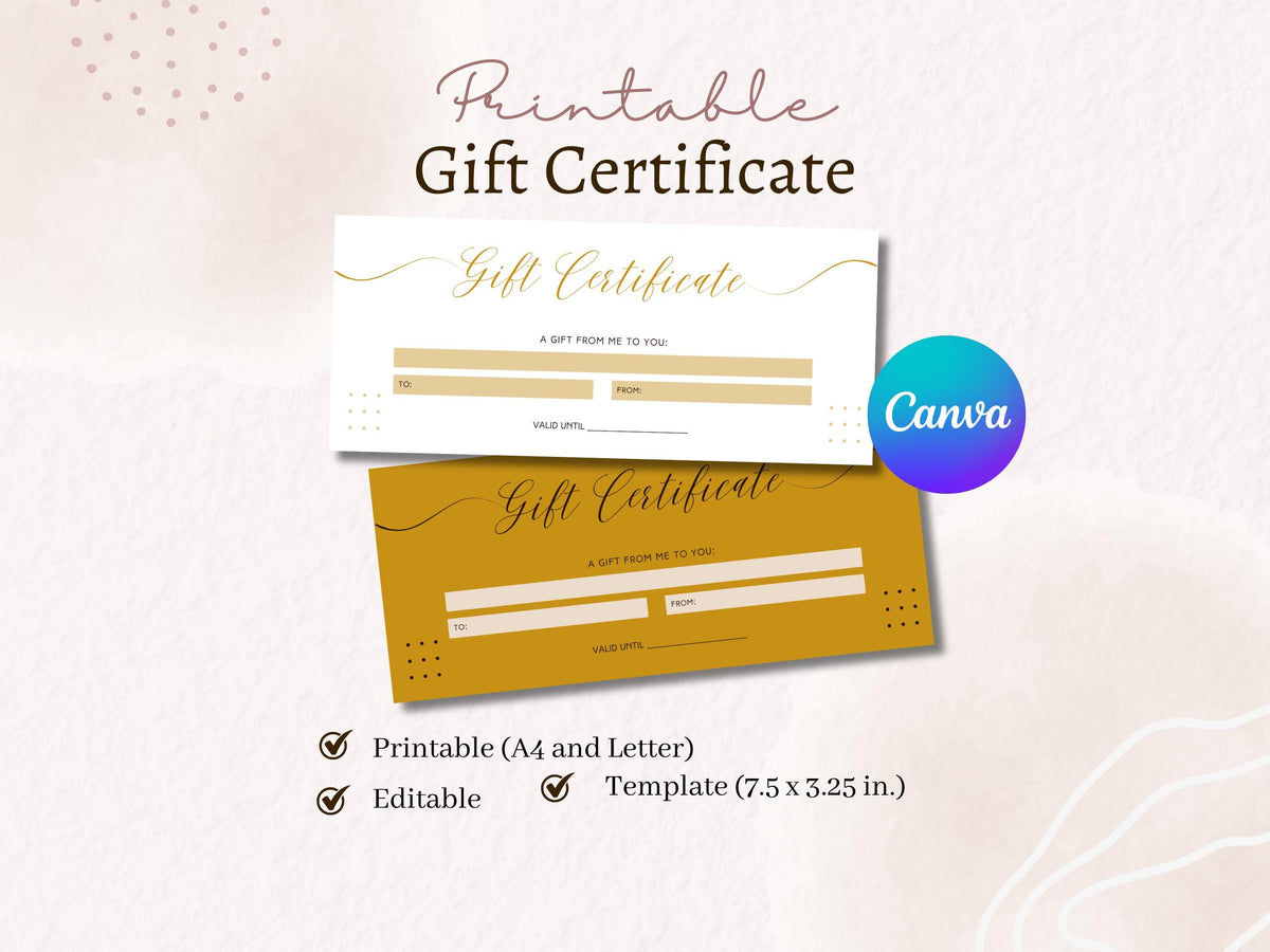 Gift Certificate, Gift Voucher, Letter & A4 Sizes Printable Editable Canva Template