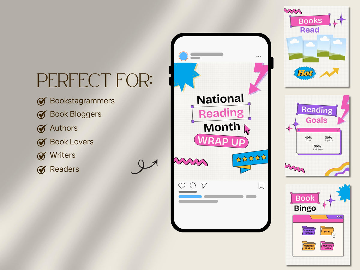 Bookstagram Wrapped Template Book Review National Reading Month Bookish Instagram Social Media Author Promo Instagram Content Carousel Canva