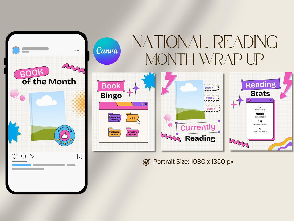 Bookstagram Wrapped Template Book Review National Reading Month Bookish Instagram Social Media Author Promo Instagram Content Carousel Canva