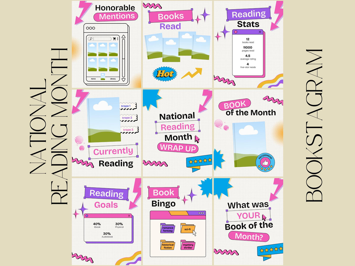 Bookstagram Wrapped Template Book Review National Reading Month Bookish Instagram Social Media Author Promo Instagram Content Carousel Canva