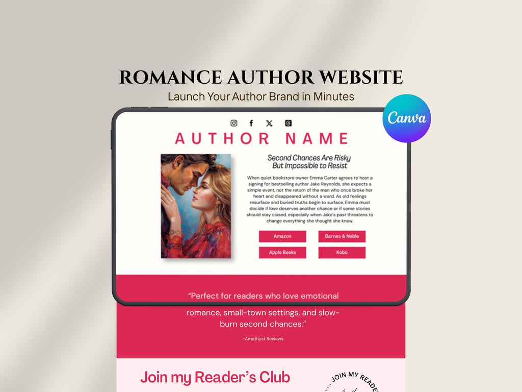 Romance Author Website Template Indie Author Landing Page Link in Bio Book Promo Site for Debut Writers Book Page Editable Branding Kit