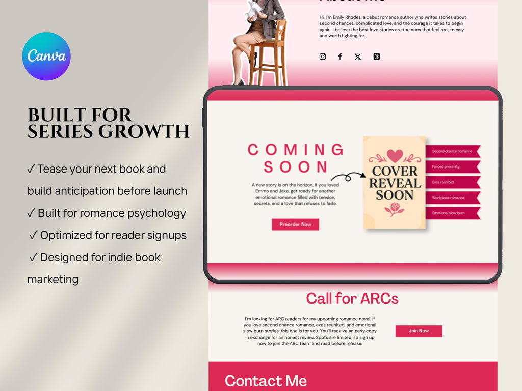 Romance Author Website Template Indie Author Landing Page Link in Bio Book Promo Site for Debut Writers Book Page Editable Branding Kit