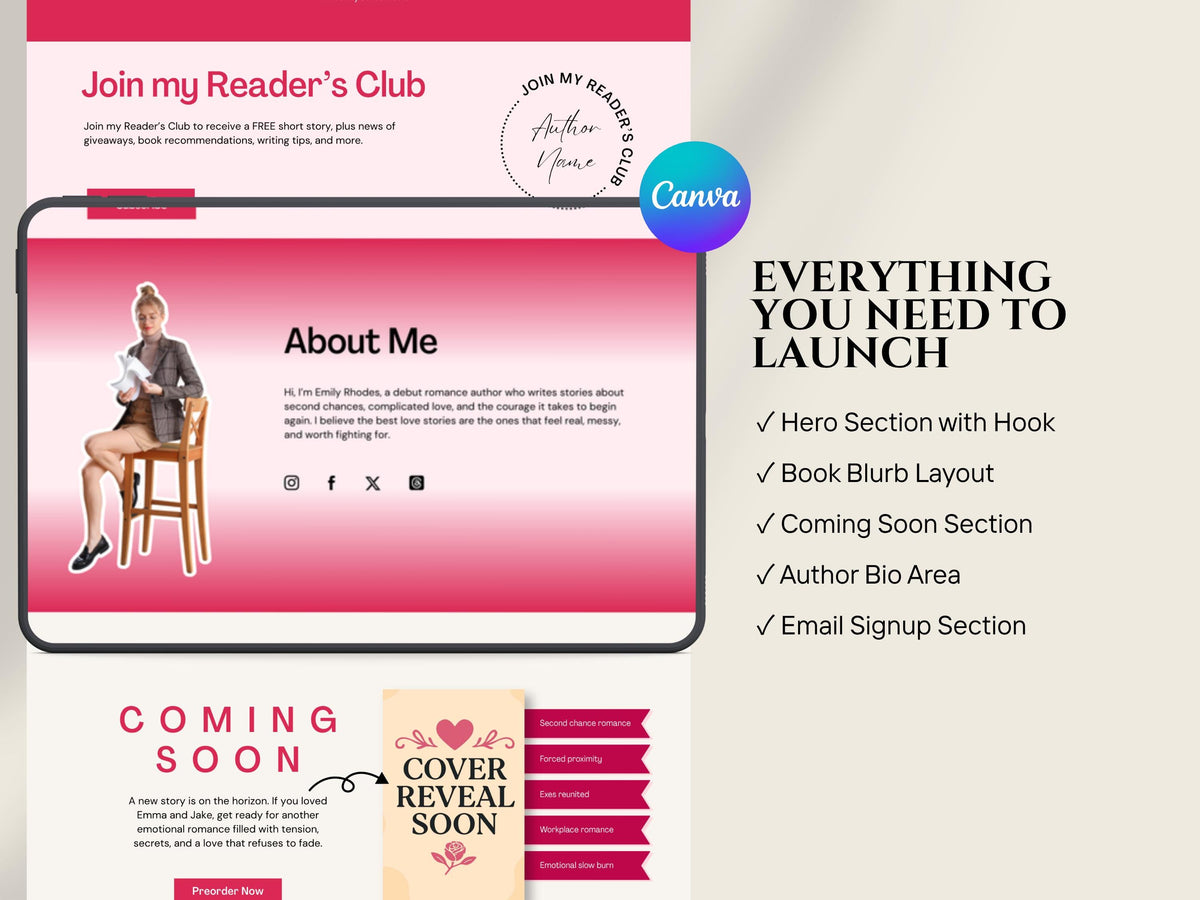 Romance Author Website Template Indie Author Landing Page Link in Bio Book Promo Site for Debut Writers Book Page Editable Branding Kit