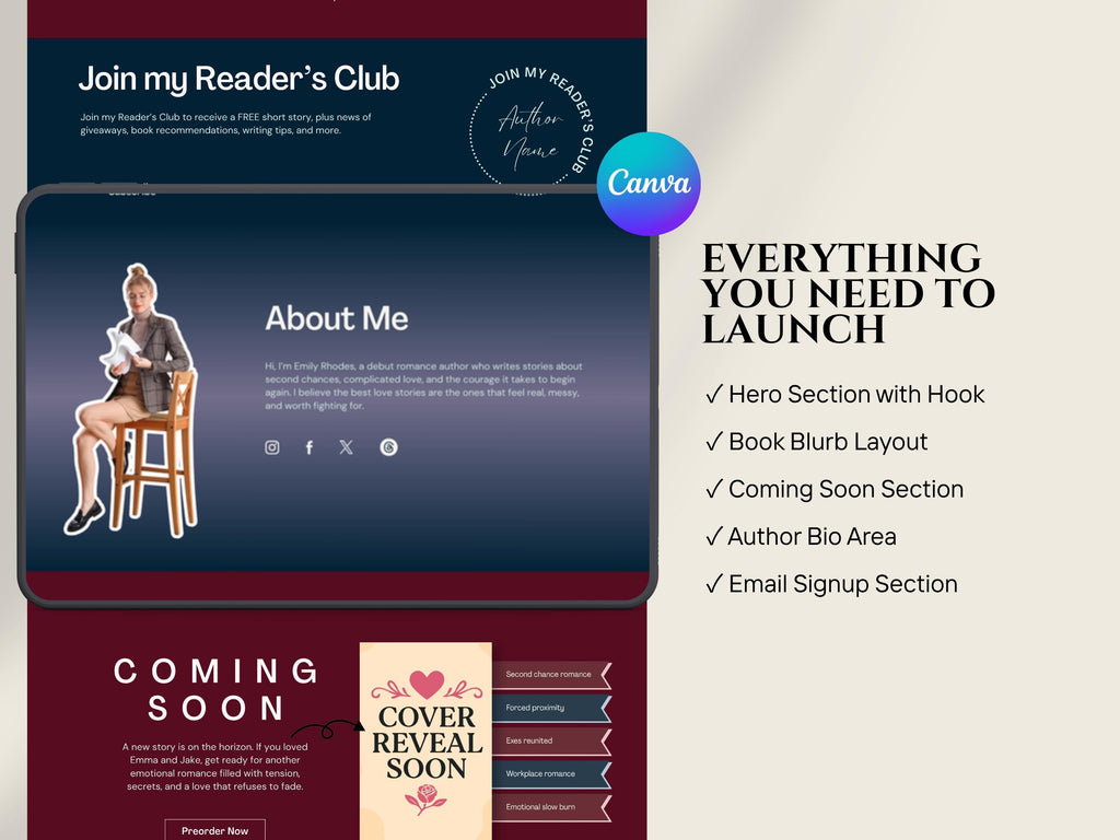 Dark Romance Author Website Link in Bio Template Indie Author Landing Page Book Promo Site for Debut Writers Book Editable Branding Kit