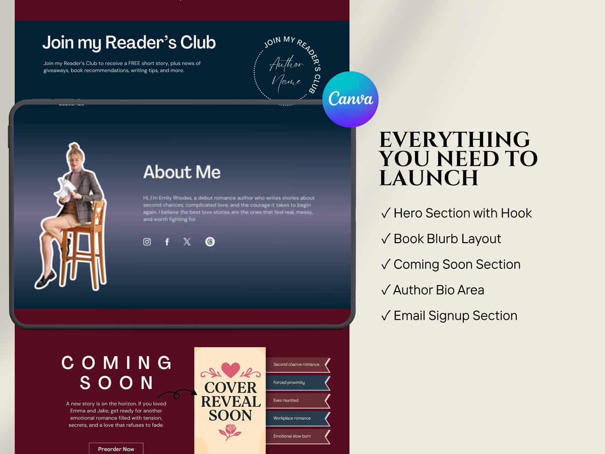 Dark Romance Author Website Link in Bio Template Indie Author Landing Page Book Promo Site for Debut Writers Book Editable Branding Kit
