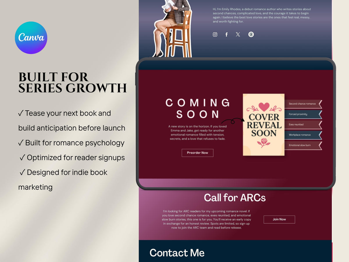 Dark Romance Author Website Link in Bio Template Indie Author Landing Page Book Promo Site for Debut Writers Book Editable Branding Kit