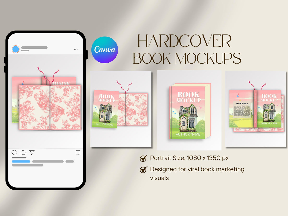 Hardcover Book Mockup with End Papers Dust Cover 6x9in Bundle Bookstagram Template Canva Instagram Social Media Post, Author Promo Marketing