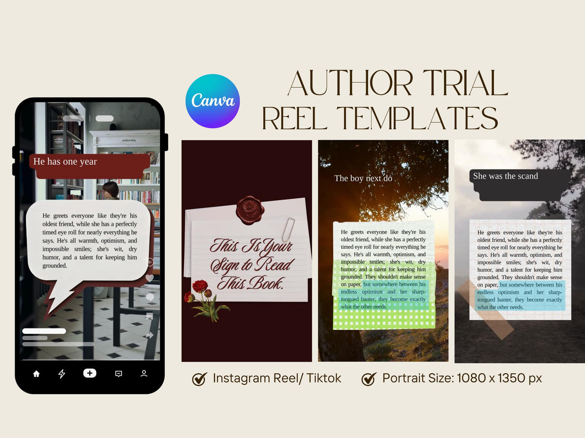 Author Trial Reel Templates Canva Book Promo Reel Author Marketing Template Bookstagram Reel Cover